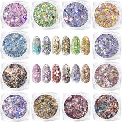 Iridescent Holographic Chunky Glitter Mix Hexagon Flake Sequin,Set of 12 Colors Rainbow Mermaid Cosmetic Nail Art Glitter Shape for Eye,Face,Body,Makeup,Slime,Tumbler,Craft,Resin (12Colors Set)