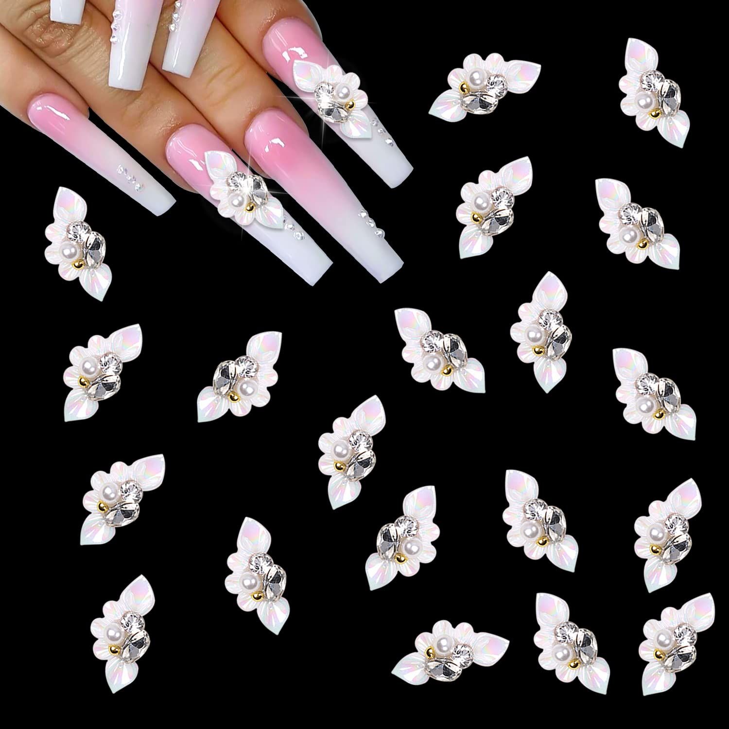XEAOHESY 20pcs White Flower Nail Charms, 3D Flower Beads for Nails Resin &amp; Acrylic Crystals, Flat Back Nail Art Accessories for Women