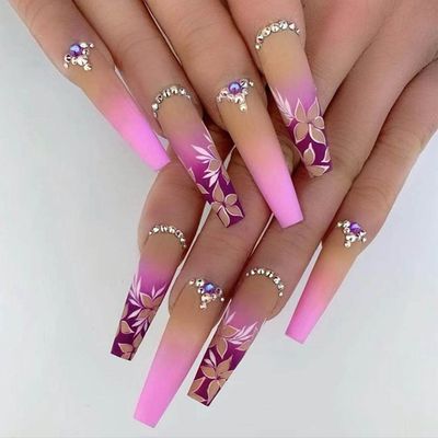 Foccna Artificail Extra Long Press on Nails, Rhinestone Pink Fake Nails with Glitter Acrylic Full Cover Fake Nails with Design Nail Tips for Women&amp;Girls, 24PCS
