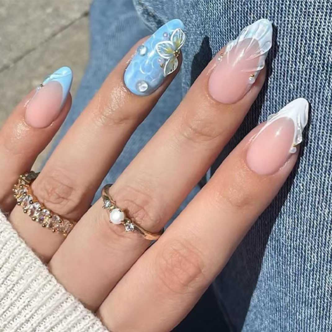 Enppode Almond Press on Nails Medium Fake Nails French Tips Nails Blue Nails Glossy Full Cover Nails for Women 24 PCS/Set (Blue 3D Nails French)