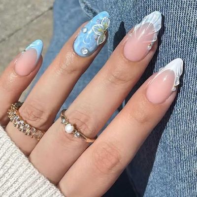 Enppode Almond Press on Nails Medium Fake Nails French Tips Nails Blue Nails Glossy Full Cover Nails for Women 24 PCS/Set (Blue 3D Nails French)
