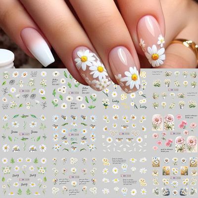 Flower Nail Stickers for Nail Art - White Daisy Nail Art Stickers Summer Floral Leaf Nail Art Water Decals Foils for Nails Supplies Manicure French Sunflowers Sticker for Nails Art Decoration 12PCS