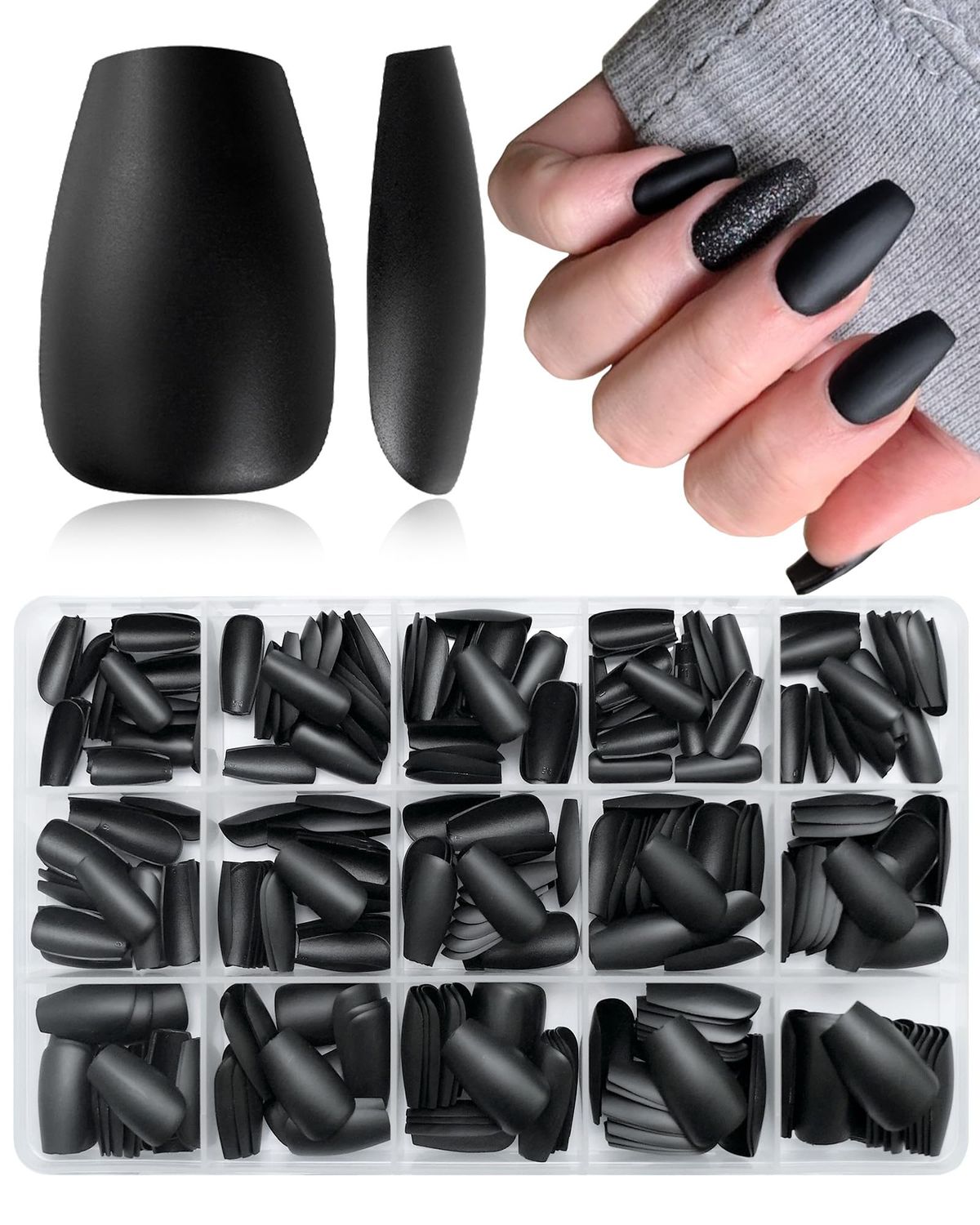 AddFavor Black Press on Nails Medium Coffin - 300pcs Medium Coffin Fake Nails with Adhesive Tabs &amp; Nail File, Matte Black Nails Press ons Acrylic Nail for Women Girls