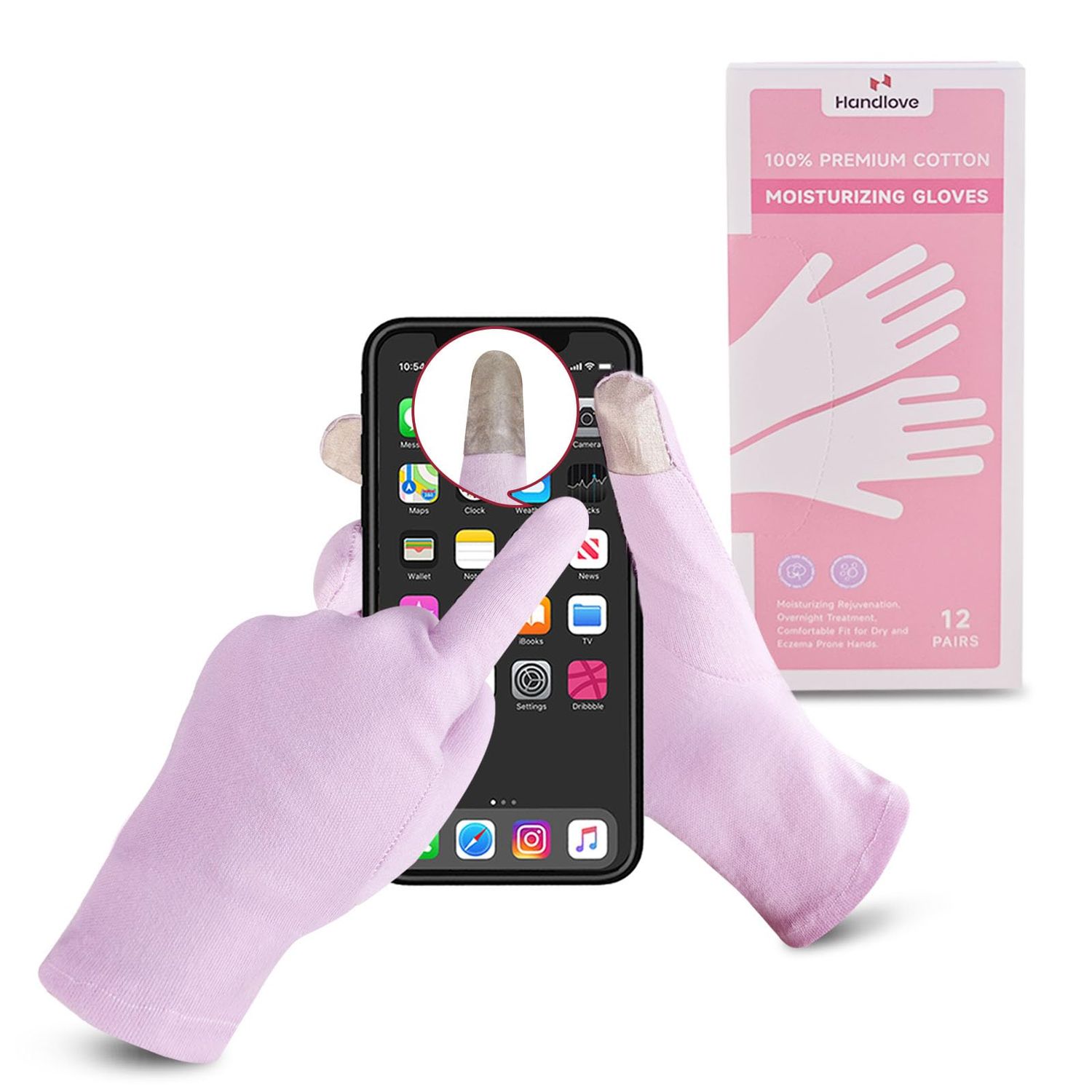 HandLove 12 Pairs Premium 100 Cotton Gloves Moisturizing Gloves for Dry Hands &amp; Eczema | Overnight Sleeping Gloves, Eczema Gloves | Reusable| Touchscreen, Purple