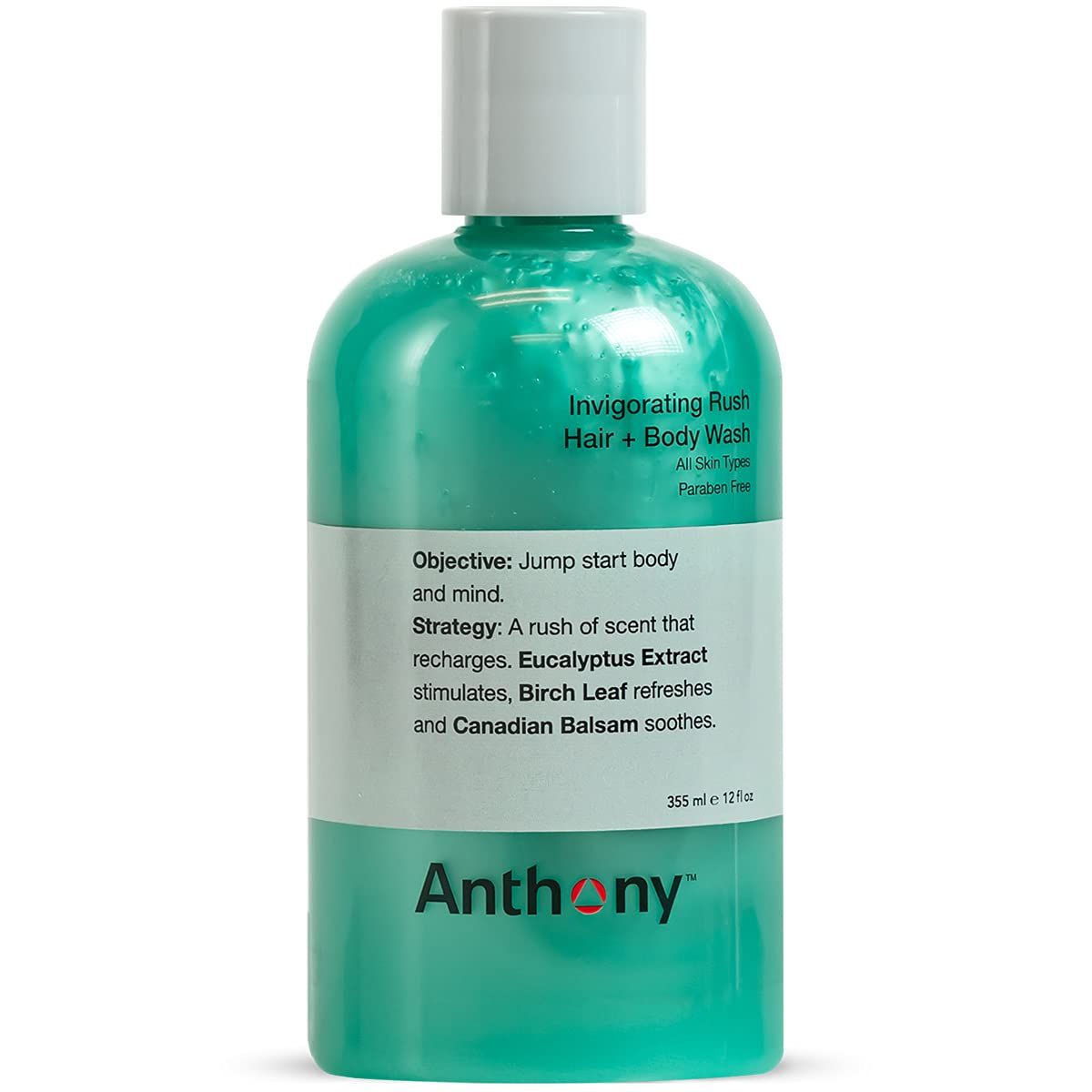 Anthony Mens Body Wash and Shampoo: Invigorating Rush 2-In-1 Liquid Gel Soap &amp; Hair Shampoo, Pine Wood Scent, Hydrating with Eucalyptus, Canadian Balsam, Birch Leaf, Charcoal, Sea Kelp, 12 Fl. Oz