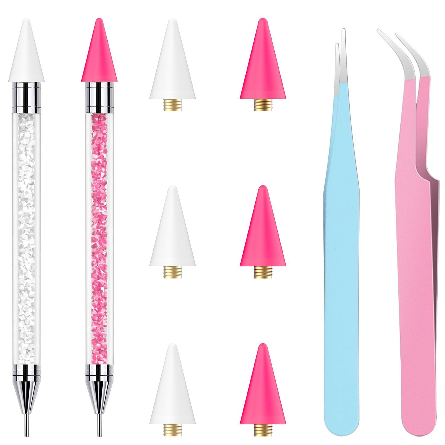 OIFEN Rhinestone Picker Tool,2 Wax Pencil for Rhinestones, Dual-Ended Rhinestone Applicator Wax Pen Gem Picker Tool with 6 Extra Wax Tips and 2 Tweezers (PinkWhite)