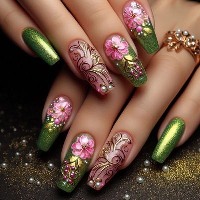 CJDLTS Flower False Nail Green French Tip Press on Nails Long Length Pink Floral Pearl Design Full Cover Gradient Artificial Stick on Nails Ballet Shaped Manicure Acrylic Glue on Nail for Women 24Pcs