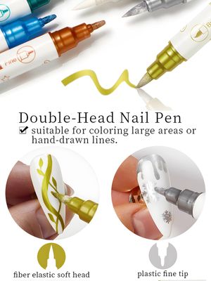 Gorvalin 10 Colors Double Ended Metallic Nail Art Marker Pens, 3D Metallic Nail Graffiti Dotting Drawing Point Pen Sets Nail Art Painted Pen Nail Design Kit for Nail Design Nail DIY Decoration