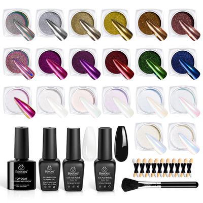 Beetles 20 Colors Metallic Chrome Nail Powder, Metallic nail polish Chrome Powder Mirror Effect Holographic Aurora Nail Art 0.5g/Jar, with Top Coat &amp; Decoration Sealing Gel Black White Gel Polish