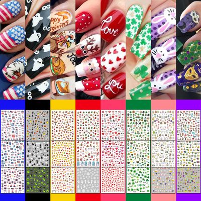 IDDFEVE 30 Sheets 8 Holiday Nail Art Stickers, Variety Pack All Season Nail Decals for All Year, Self-Adhesive Pegatinas Uas 4th of July Halloween Fall Christmas Valentine St. Patricks
