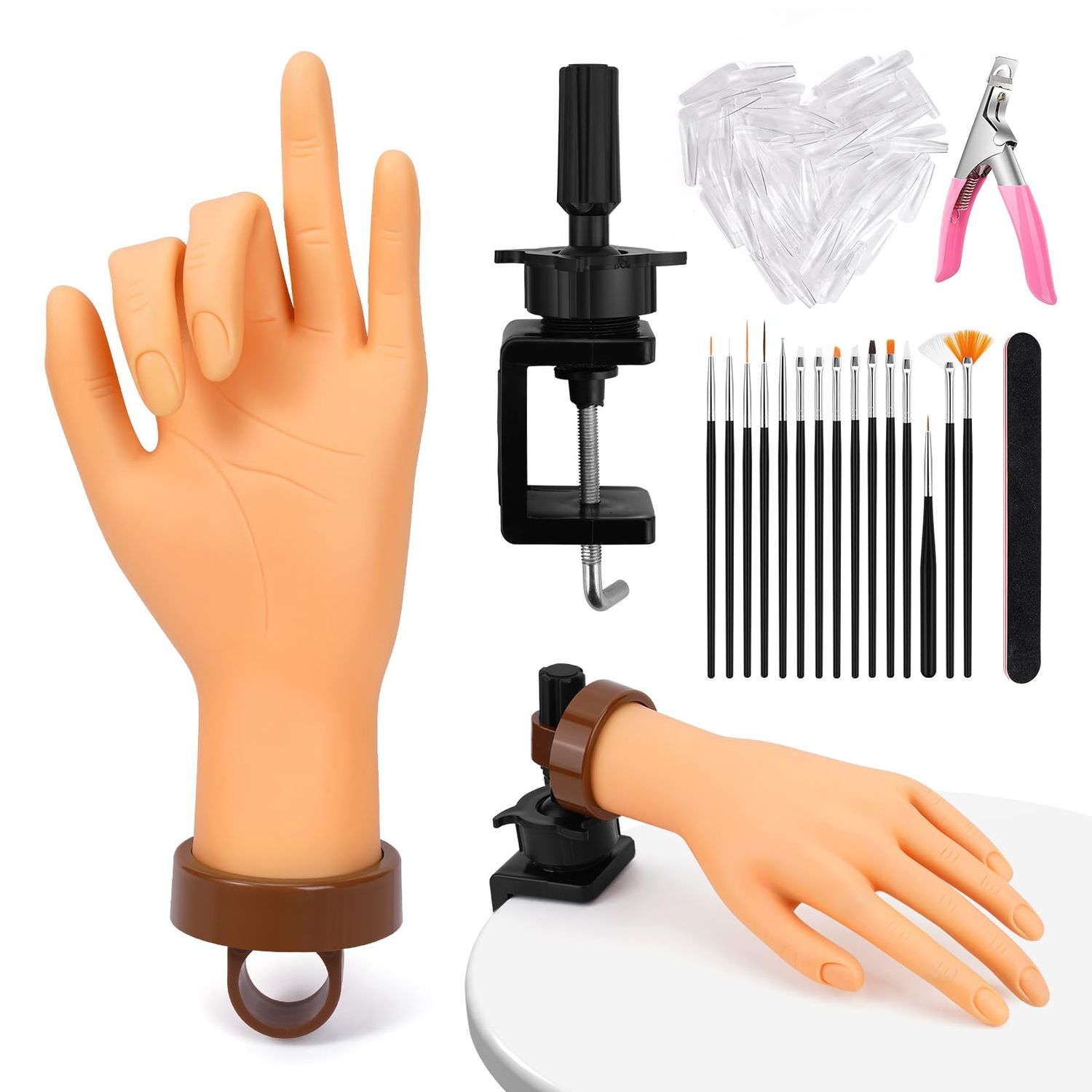 Yokilly Acrylic Nail Practice Hand - Bendable Soft, Flexible Plastic, Fake Mannequin Training Hand with Clamp Holder