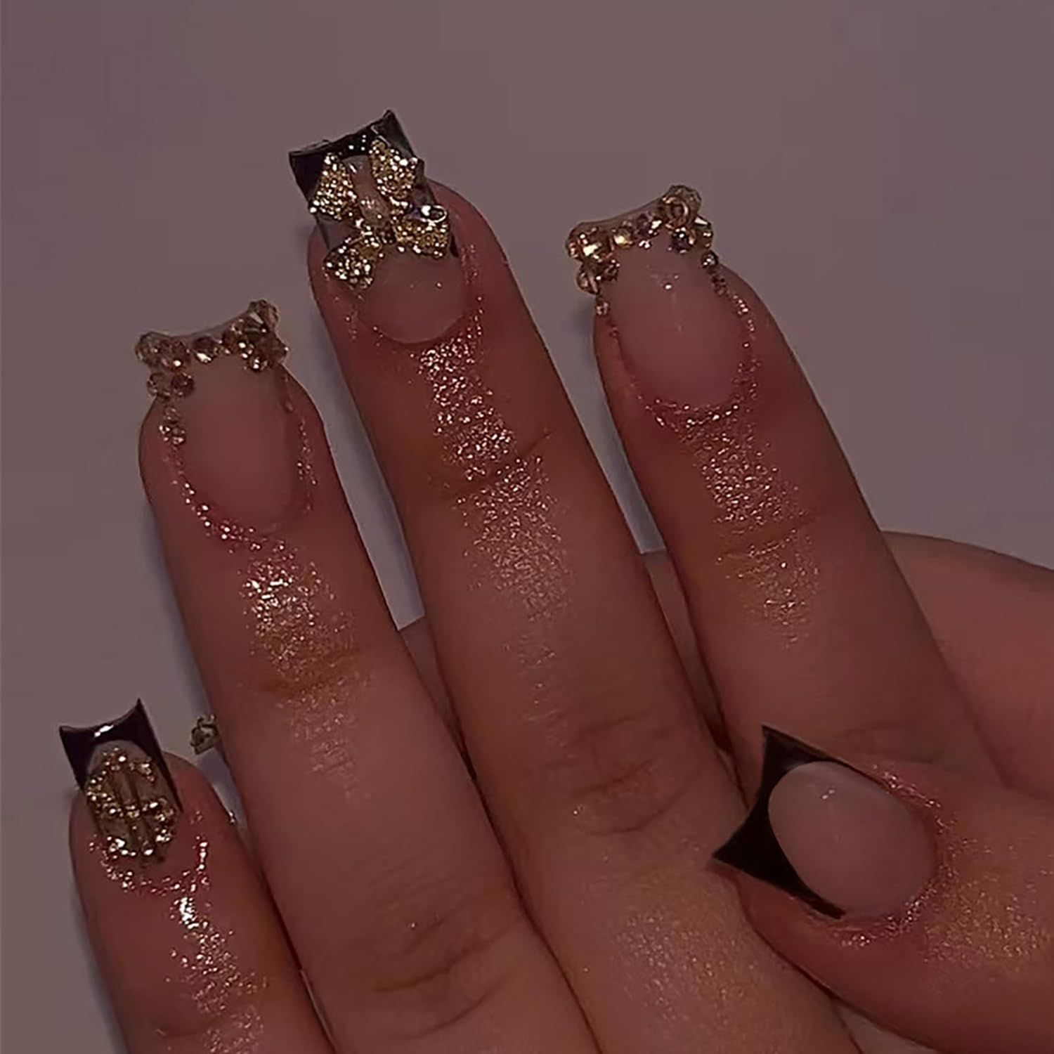 24pcs Black French Tip Press on Nails Short Square Gold 3D Bow Fake Nails with Gold Dollar Rhinestones Nail Tips Design Bow False Nails Acrylic Nails Supplies French Full Cover Glue on Nails for Women