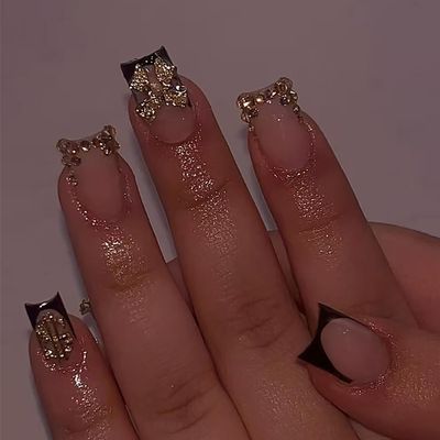 24pcs Black French Tip Press on Nails Short Square Gold 3D Bow Fake Nails with Gold Dollar Rhinestones Nail Tips Design Bow False Nails Acrylic Nails Supplies French Full Cover Glue on Nails for Women