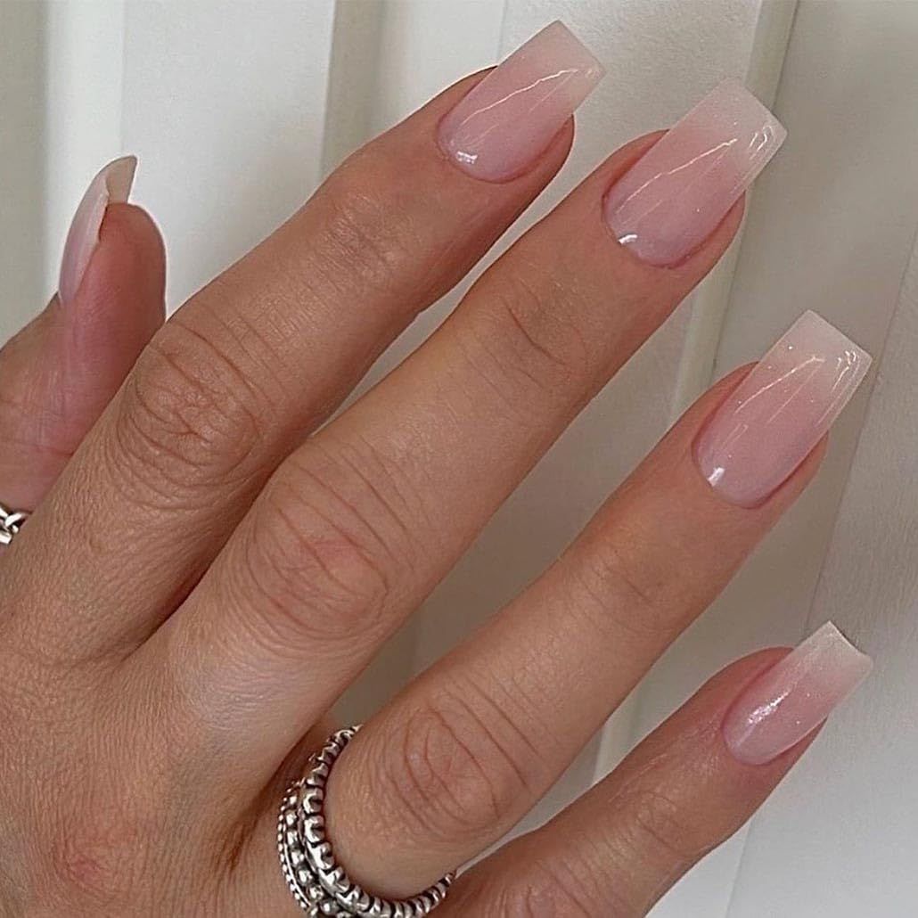 Foccna Press on Nails Pink French Fake Nails Medium Rhinestone Square Bling White Nails Glossy False Nail Tips Artificial Nails Luxury Finger Manicure for Women and Girls,24pcs (Square Nails 2)