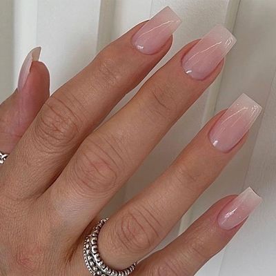 Foccna Press on Nails Pink French Fake Nails Medium Rhinestone Square Bling White Nails Glossy False Nail Tips Artificial Nails Luxury Finger Manicure for Women and Girls,24pcs (Square Nails 2)