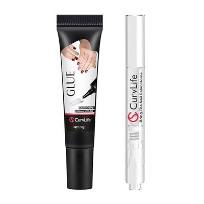 Curvlife 10g Semi Solid Nail Glue Gel With 5ml Remover Pen, No UV Light Needed, for Press On Nails, Click&amp;Remove Pen