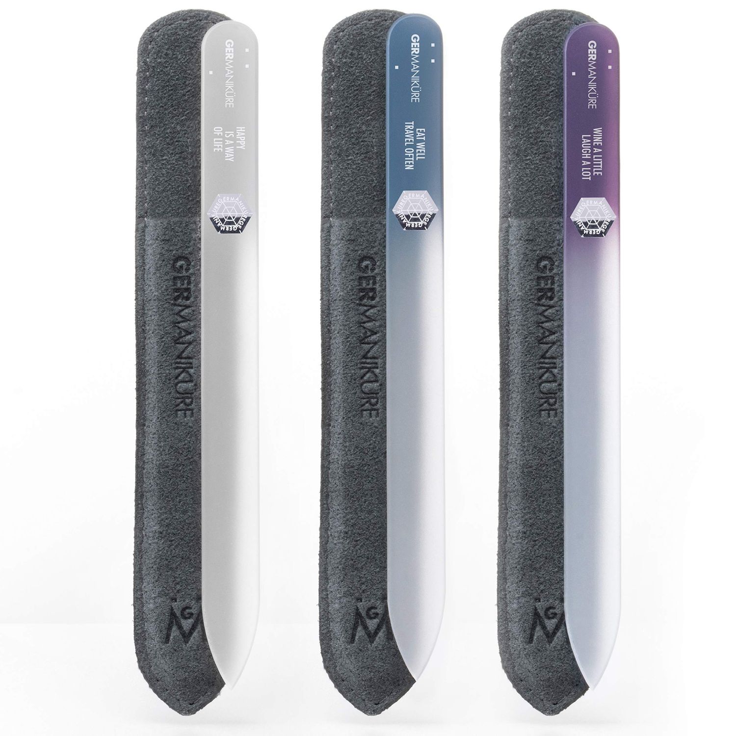 GERMANIKURE Czech Crystal Glass Nail File 3 Pack in Suede Leather Case - Professional Manicure &amp; Pedicure Products for Smooth Easy Shaping of Natural Nails