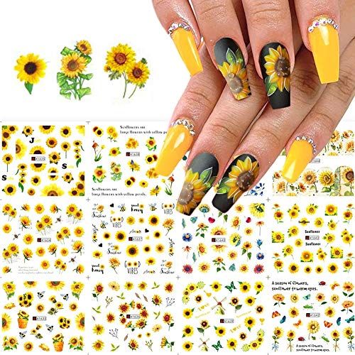 Sunflower Floral Nail Art Water Decals Transfer Foils for Nails Supply - Small Daisy Flowers Designs Tattoos for Women - Manicure Decorations 12PCS