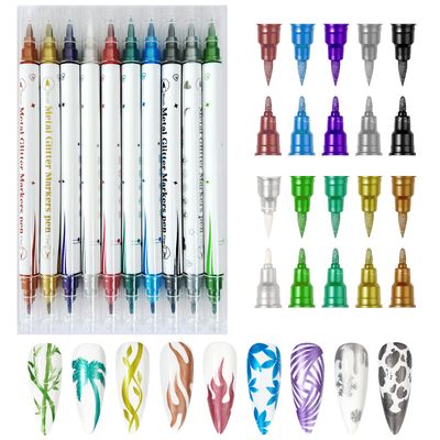 Gorvalin 10 Colors Double Ended Metallic Nail Art Marker Pens, 3D Metallic Nail Graffiti Dotting Drawing Point Pen Sets Nail Art Painted Pen Nail Design Kit for Nail Design Nail DIY Decoration