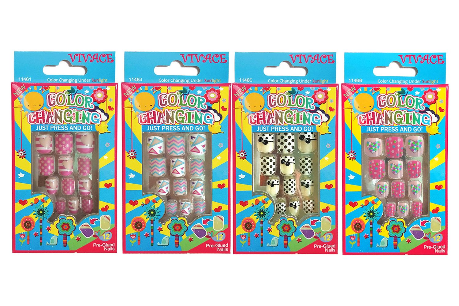 Vivace 4Pack 48Tips Color Changing Under Sun Fake Nails, Artificial Preglued Junior Sticker Nails 11461 etc (Sun 1)