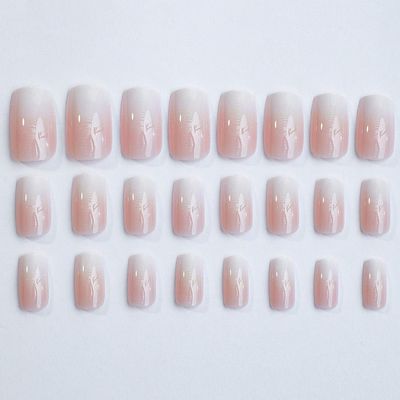 Foccna Press on Nails Pink French Fake Nails Medium Rhinestone Square Bling White Nails Glossy False Nail Tips Artificial Nails Luxury Finger Manicure for Women and Girls,24pcs (Square Nails 2)