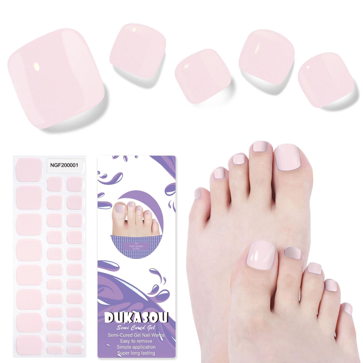 DUKASOU Semi Cured Gel Toe Nail Strips,32 Pcs Toe Nail Stickers Full Nail Wraps(Peach Orchard),Long Lasting Gel Nail Strips with UV Light,UV Nail Strips Nail Art Stickers Easy to Apply