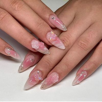 Pink Press on Nails Medium Almond Fake Nails Ombre Full Cover False Nails with Designs Bow Flower Rhinestone Glue on Nails Gradient Pink Acrylic Stick on Nails Cute Artificial Nails for Women 24Pcs
