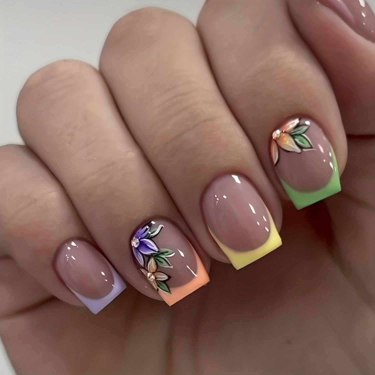 French Tip Press-on Nails: Short Square Fake Nails with Cute Flower Designs, Acrylic, Gloss Finish - Spring Colors Set for Womens Manicure