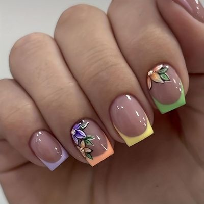 French Tip Press-on Nails: Short Square Fake Nails with Cute Flower Designs, Acrylic, Gloss Finish - Spring Colors Set for Womens Manicure