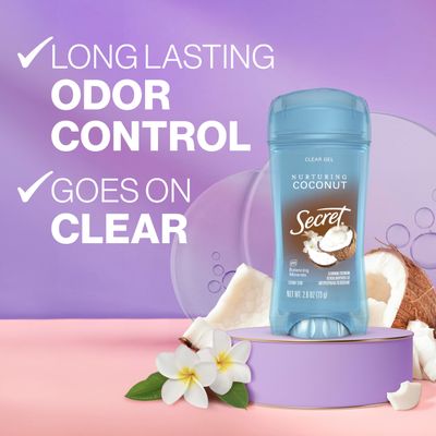 Secret Fresh Antiperspirant Deodorant for Women, 72hr Breathable Sweat &amp; Odor Protection, Instant Freshness &amp; Gentle, PH Balancing Minerals, Clear Gel, Nurturing Coconut Scent, 2.6 oz (Pack of 2)