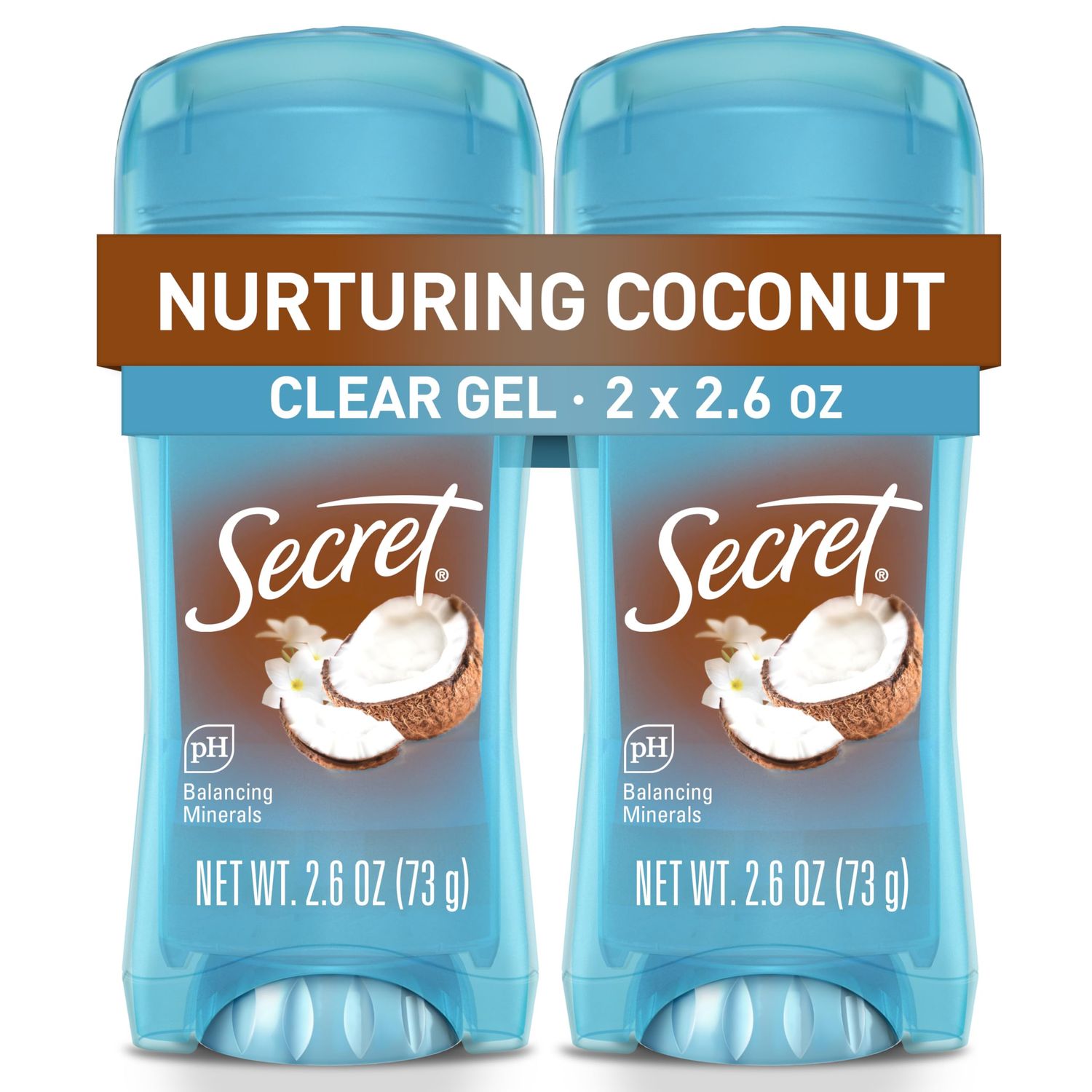 Secret Fresh Antiperspirant Deodorant for Women, 72hr Breathable Sweat &amp; Odor Protection, Instant Freshness &amp; Gentle, PH Balancing Minerals, Clear Gel, Nurturing Coconut Scent, 2.6 oz (Pack of 2)