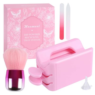 heemeei Dip Powder Recycling Tray System, Portable Nail Dip Powder Tray Kit with Nail Dust Brush, Glass Nail File, French Nail Art Manicure Essential Tool, Makeup Tool Glitter Saver