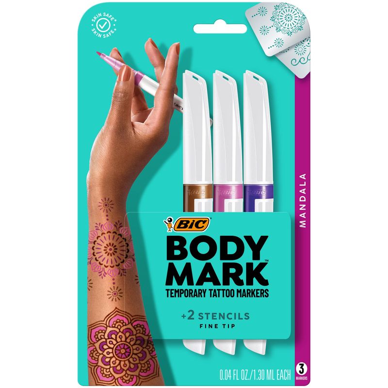 BIC BodyMark Temporary Tattoo Marker with Fine Tip, Mandala, Assorted Colors, Pack of 3 Markers 3 Stencils - Amazon Vine
