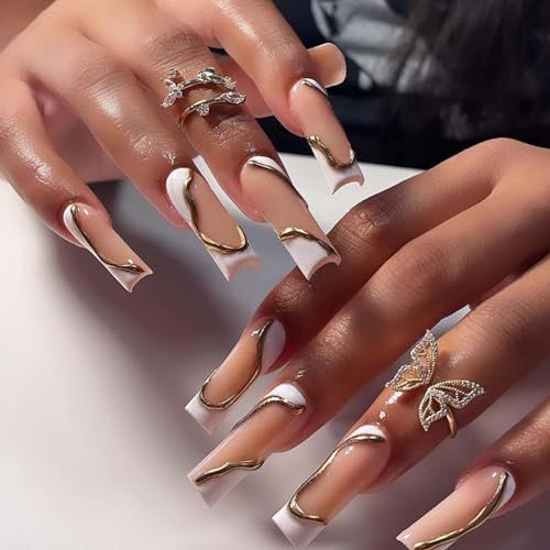 DANMANR Long Press on Nails Bling Fake Acrylic Nails Square Gold Full Cover Fake Nails for Women and Girls 24PCS