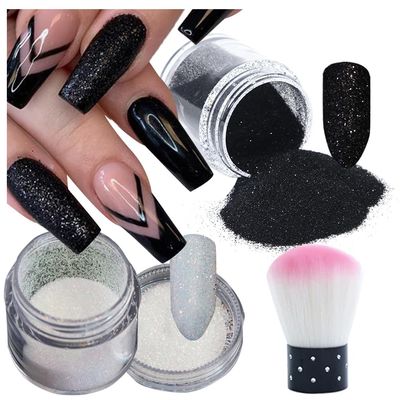 UARUOGP 2 Boxes Holographic Nail Glitter Powder White Black Shining Sugar,1PCS Soft Nail Art Powder Brush Funnel,Nails Art Decoration DIY Crafts