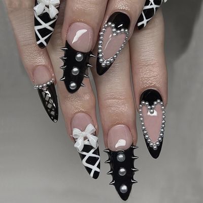 MERVF Almond Press on Nails Medium Fake Nails Black French Tip Glue on Nails Heart Gothic with Bow Lace Design Press ons Stiletto Gyaru Acrylic False Nails Glossy 24pcs