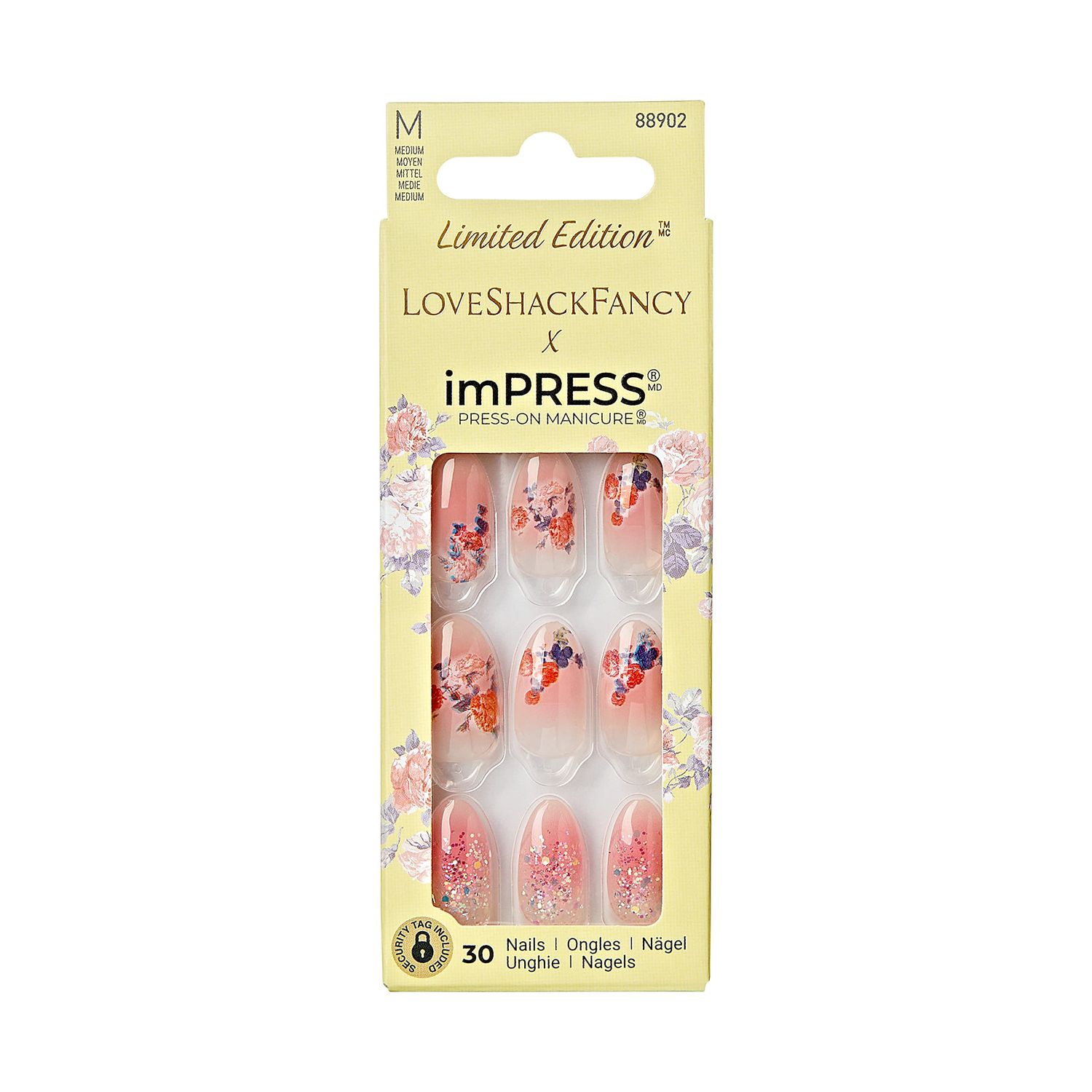 KISS LoveShackFancy x imPRESS Press-On Manicure Limited Edition, Style Citrus Candy Medium Almond Pink Press-On Nails, Includes Prep Pad, Mini Nail File, Cuticle Stick, &amp; 30 Fake Nails