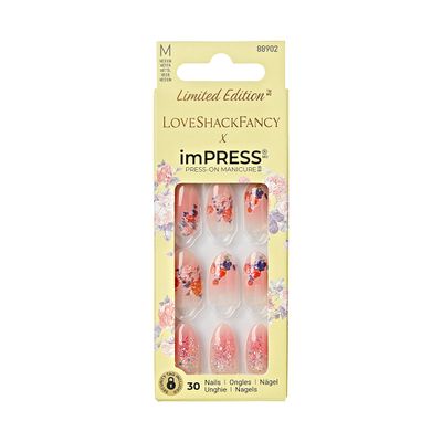 KISS LoveShackFancy x imPRESS Press-On Manicure Limited Edition, Style Citrus Candy Medium Almond Pink Press-On Nails, Includes Prep Pad, Mini Nail File, Cuticle Stick, &amp; 30 Fake Nails