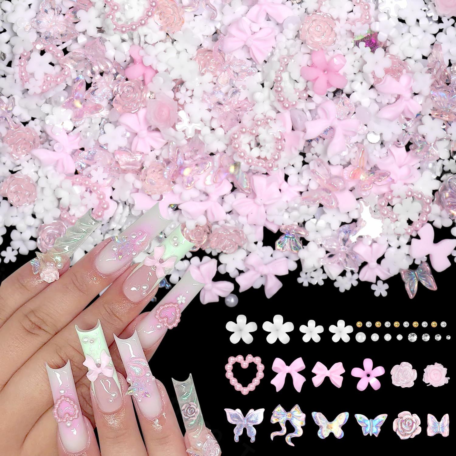 1000 Pcs White Flower Nail Charms, 3D Tiny Flowers Charms for Acrylic Nails Mixed Pink Bows Butterfly Petal Nail Art Charms, Caviar Beads and Half Nail Pearls for Manicure Nail Accessories