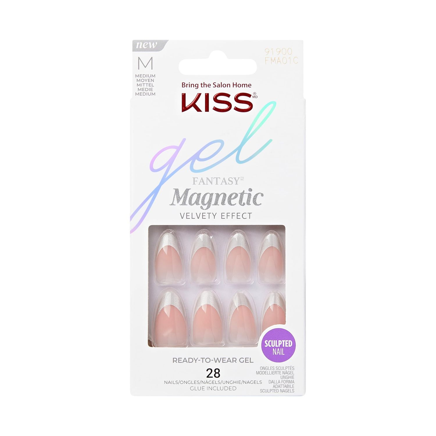KISS Gel Fantasy, Press-On Nails, Nail glue included, North Coast, Light Silver, Medium Size, Almond Shape, Includes 28 Nails, 2G Glue, 1 Manicure Stick, 1 Mini File