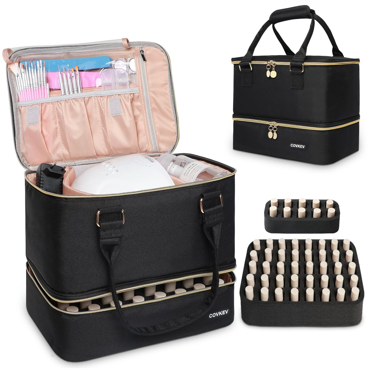 Covkev Nail Polish Organizer Hold 50 Bottles (15ml/0.5 fl.oz)&amp; Nail Lamp, Double Layer Nail Bag Organizer Case with Handle, Large Nail Supplies&amp; Kit Storage Case for Women Travel (Black&amp; Golden)
