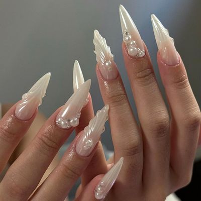 Pearl 3D Stripe Press on Nails Long Almond Fake Nails Glossy White Glue on Nails Full Cover Acrylic Stick on Nails for Women DIY Charm Manicure