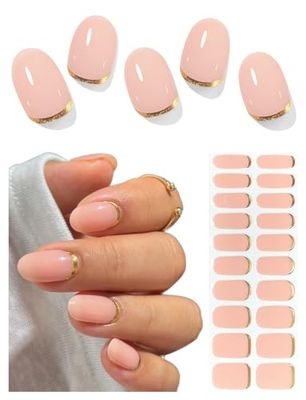 AutyaMee Semi Cured Gel Nail Strips (Gold End), Gold Foil Design, Nude, 20 Pcs Gel Nail Wraps, Stickers, UV Light Required, Salon Quality, Long Lasting