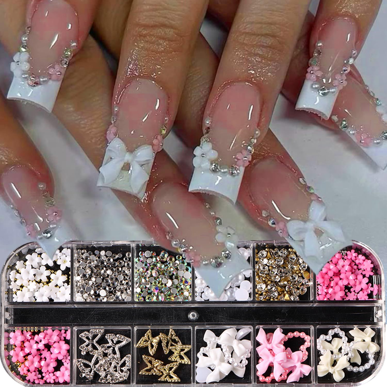 3D Nail Charms and Gems Set - 12 Grid Butterfly Charm Glitter Rhinestones Small Flower Steel Beads Pearl Bow DIY Mixed Nail Art Accessories Cute Butterflies Supplies DIY for Floral Manicure Craft