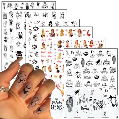Sexy Girls Nail Art Stickers 3D Nail Self-Adhesive Sticker Design Holographic Glamour Girl Flowers Letters Nail Art Decals Supplies for Women Manicure Nails Charm Decoration DIY Nail Decal(6 Sheets)