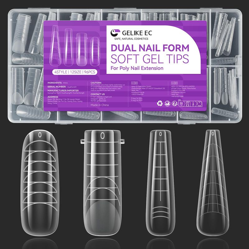 Gelike ec Poly Gel Nail Forms: 96pcs Dual Forms for Nail Extension, 4 Style 12 Size Dual Forms for Builder, Half Matte Gel Nail Tips Form for Manicure Art Design Salon Diy