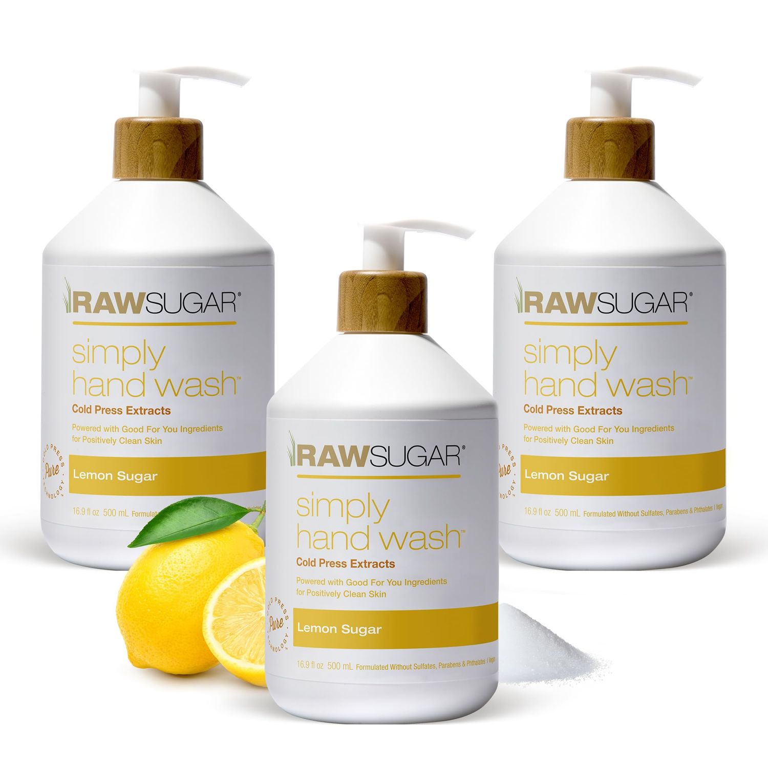 RAW SUGAR Simply Hand Wash, 16.9 Fl Oz (Pack of 3) Lemon Sugar Liquid Hand Soap for Kitchen or Bathroom, Cleanses &amp; Refreshes Hands, Formulated without Sulfates &amp; Parabens
