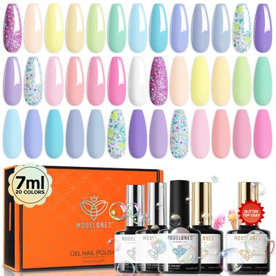 Modelones 24Pcs Gel Nail Polish Set, 20 Colors Pastel Gel Polish Set Macaron Colors with Glitter &amp; Glossy &amp; Matte Top Base Coat Soak Off LED Nail Art Kit Salon at Home