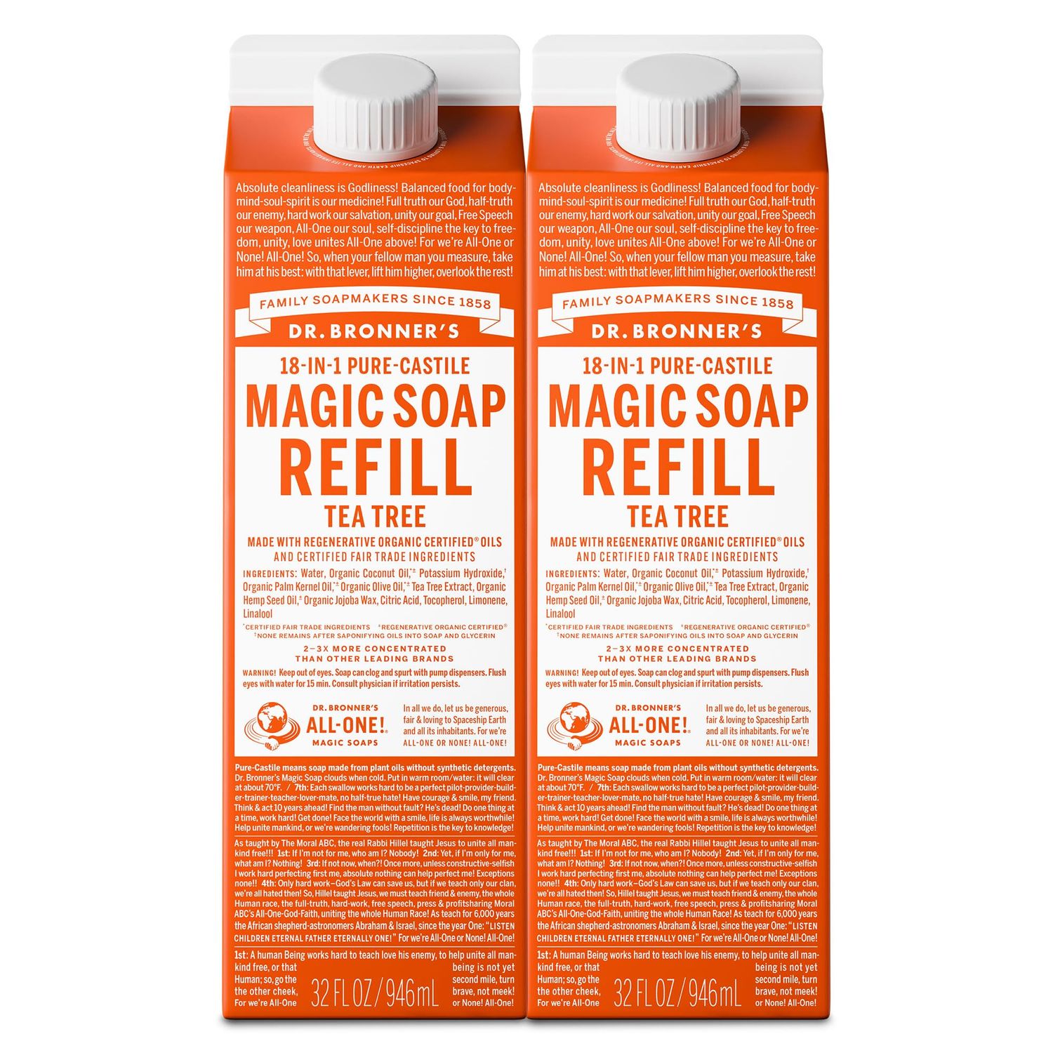 Dr. Bronners Magic Soap-Pure-Castile Liquid Soap Refill (Tea Tree, 32 ounce, 2-Pack)-Regenerative Organic Certified Oils, For Body, Hair, Laundry, Pets &amp; Dishes, Concentrated, Vegan, Non-GMO