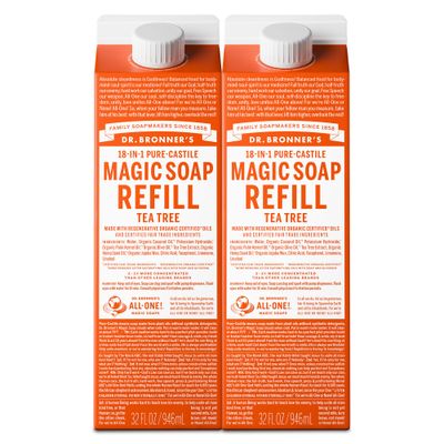 Dr. Bronners Magic Soap-Pure-Castile Liquid Soap Refill (Tea Tree, 32 ounce, 2-Pack)-Regenerative Organic Certified Oils, For Body, Hair, Laundry, Pets &amp; Dishes, Concentrated, Vegan, Non-GMO
